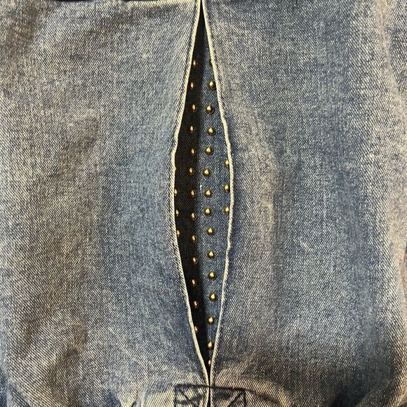 Vintage 80s Cropped Denim Jacket Studded Rhinestone Buttons USA Made Opal Size S - Picture 7 of 16